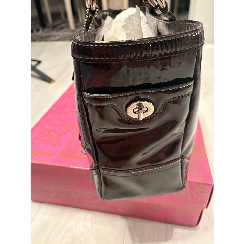Coach E/W Gallery Tote 12839 Brown Mahogany Patent Leather Pink Lining Y2K Bag - Picture 12 of 13